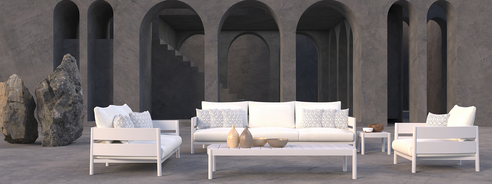 Outdoor furniture set with white sofa and armchairs in minimalist arched architecture