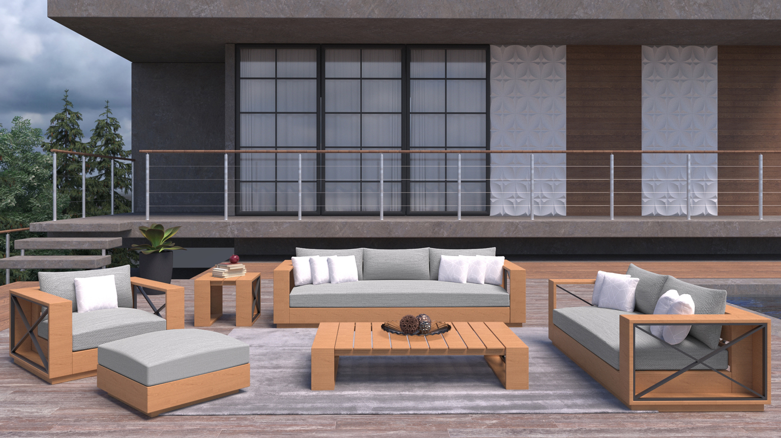 Emma Fixed Sofa made of wood and grey fabric, for outdoor patio