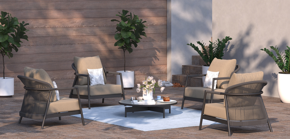 Legacy single-seater outdoor lounge chairs arranged on a patio with a coffee table