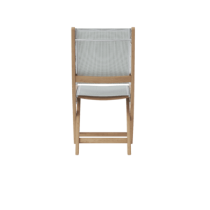 BACK VIEW Folding Side Chair, back view, light wood frame with light mesh sling seat and back