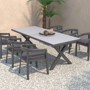 Parkway extendable dining table with dark grey frame and ceramic top.